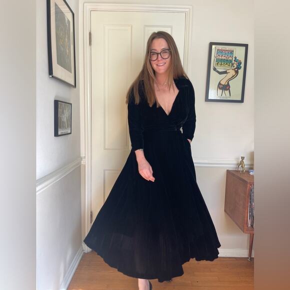 60s Vintage Black Silk Velvet Saks Fifth Ave Wrap Dress